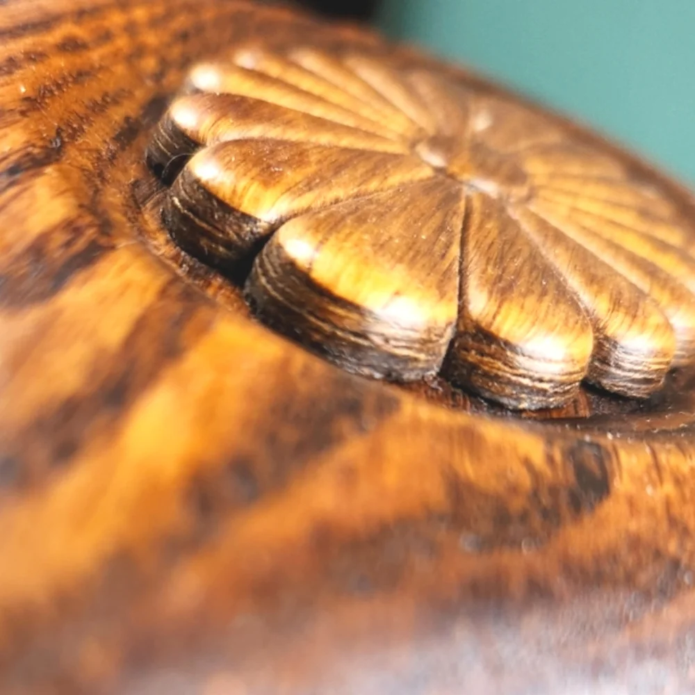 Prairie BEVELED Rich Brown Tiger Wood Oval Handle OOAK Carved Flower Hand Mirror